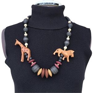 Vintage Chunky Boho Carved Wood African Safari Black Brown Tan Necklace